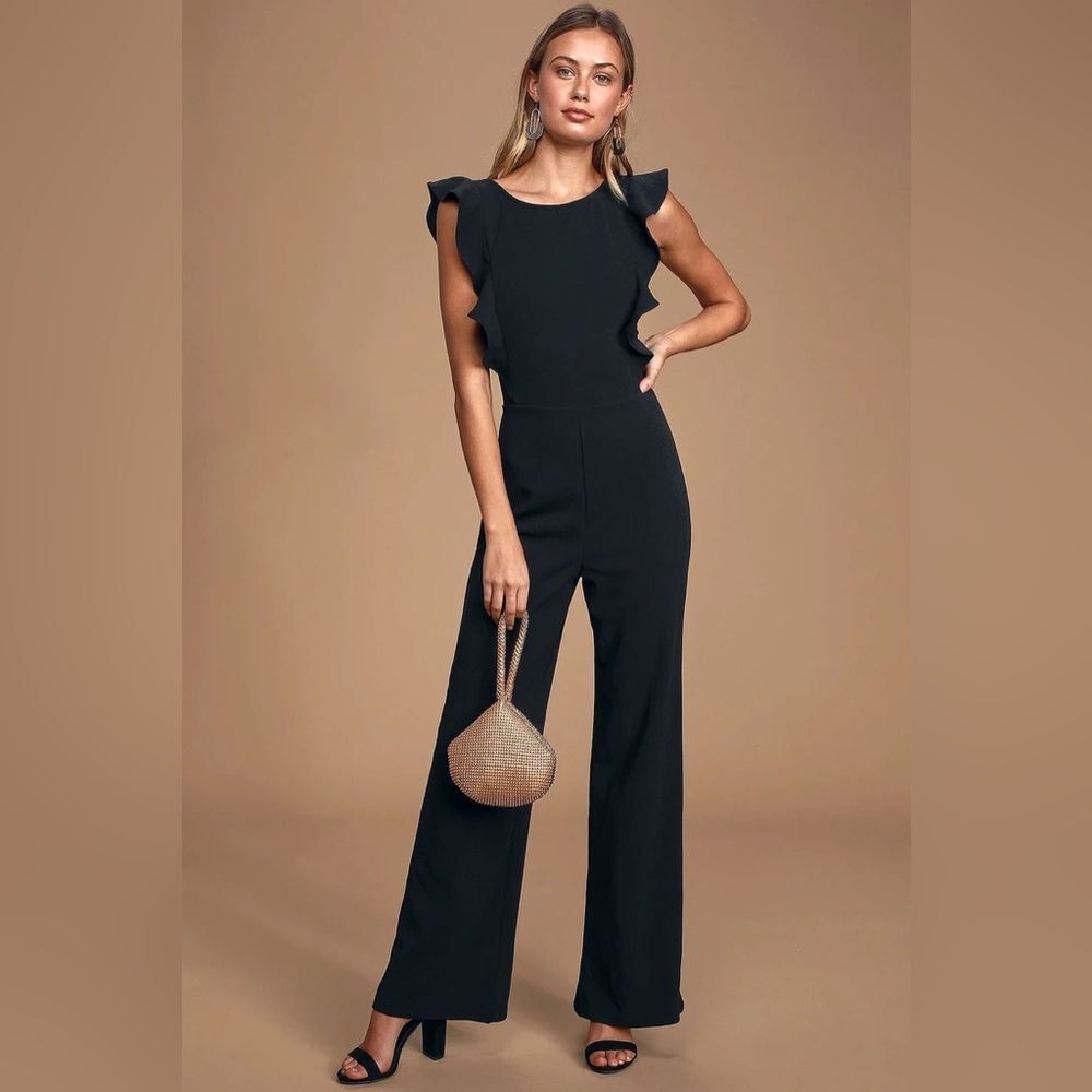 Lulus Feel Your Love Black Ruffled Wide-Leg Jumpsuit